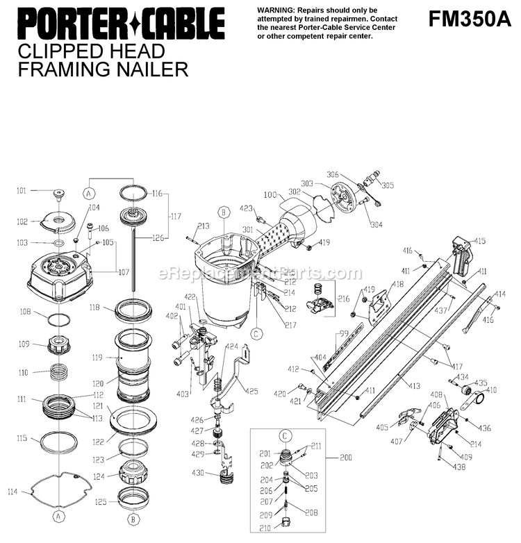 Porter Cable FM350A (Type 1) Framing Nailer Power Tool Page A Diagram